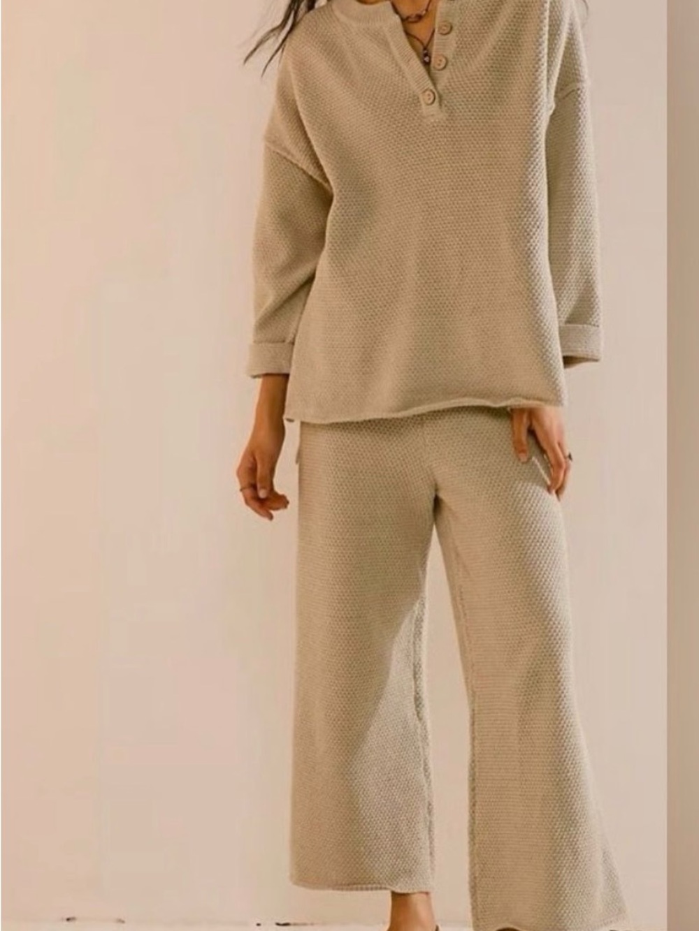 Free People Hailee Waffle Knit Henley Sweater in Beige